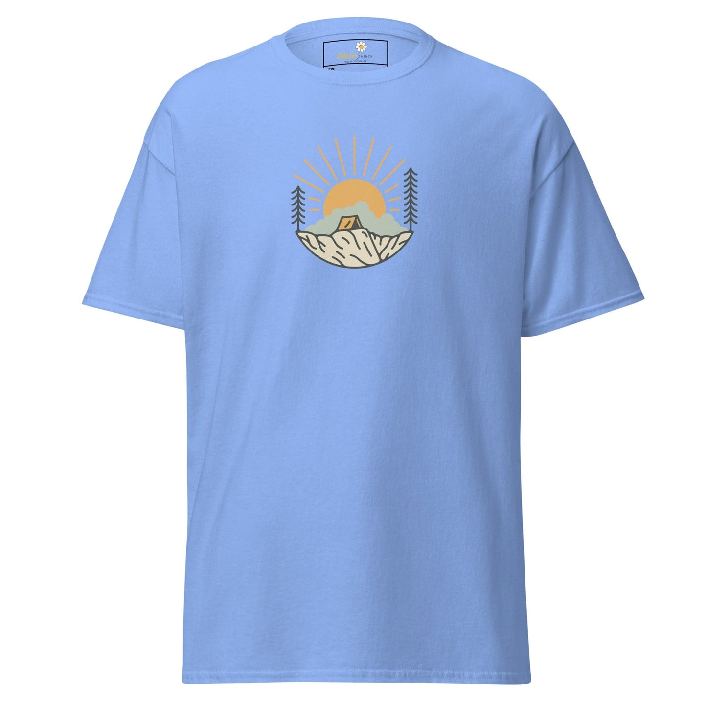 Light blue t-shirt with camping graphic.