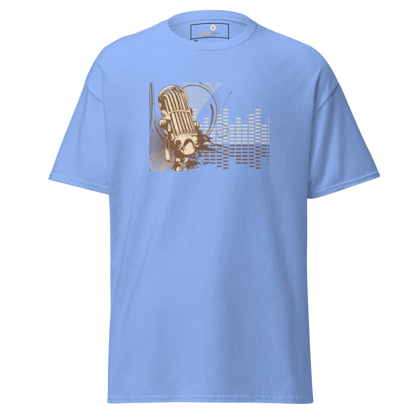 Light blue T-shirt with microphone graphic for Men and Women in sizes 2XL to 5XL