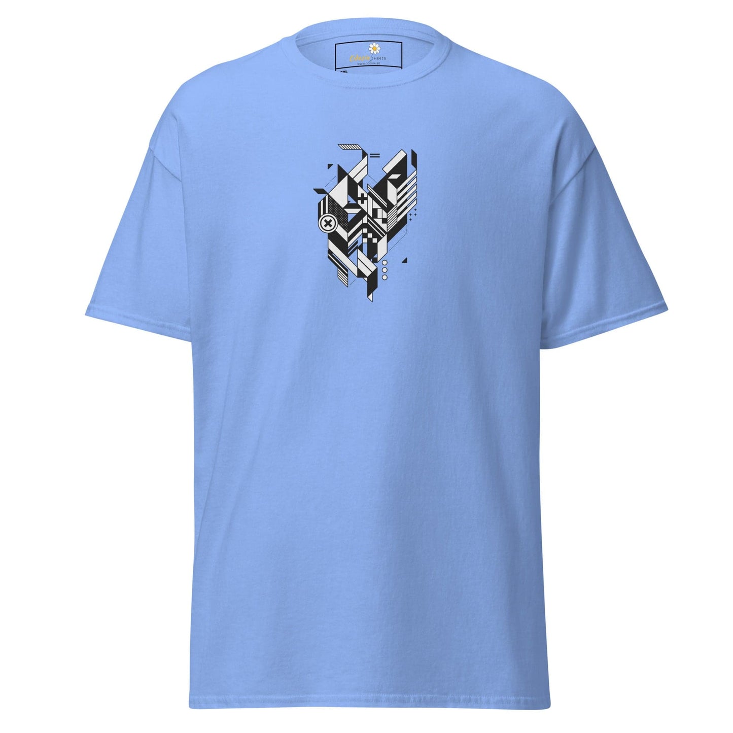 Light blue t-shirt with geometric design.