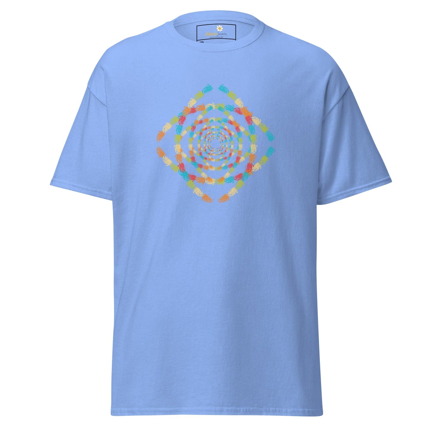 Light blue T-shirt with colorful geometric design for Men and Women in 2XL to 5XL sizes