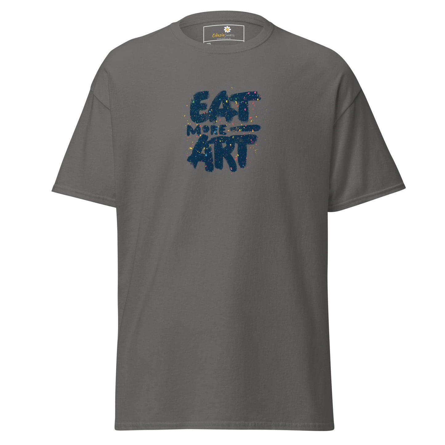 Gray T-shirt with Eat More Art text, available in men’s and women’s sizes 2XL to 5XL