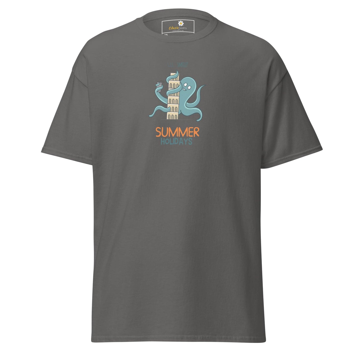 Gray t-shirt with octopus and tower graphic.