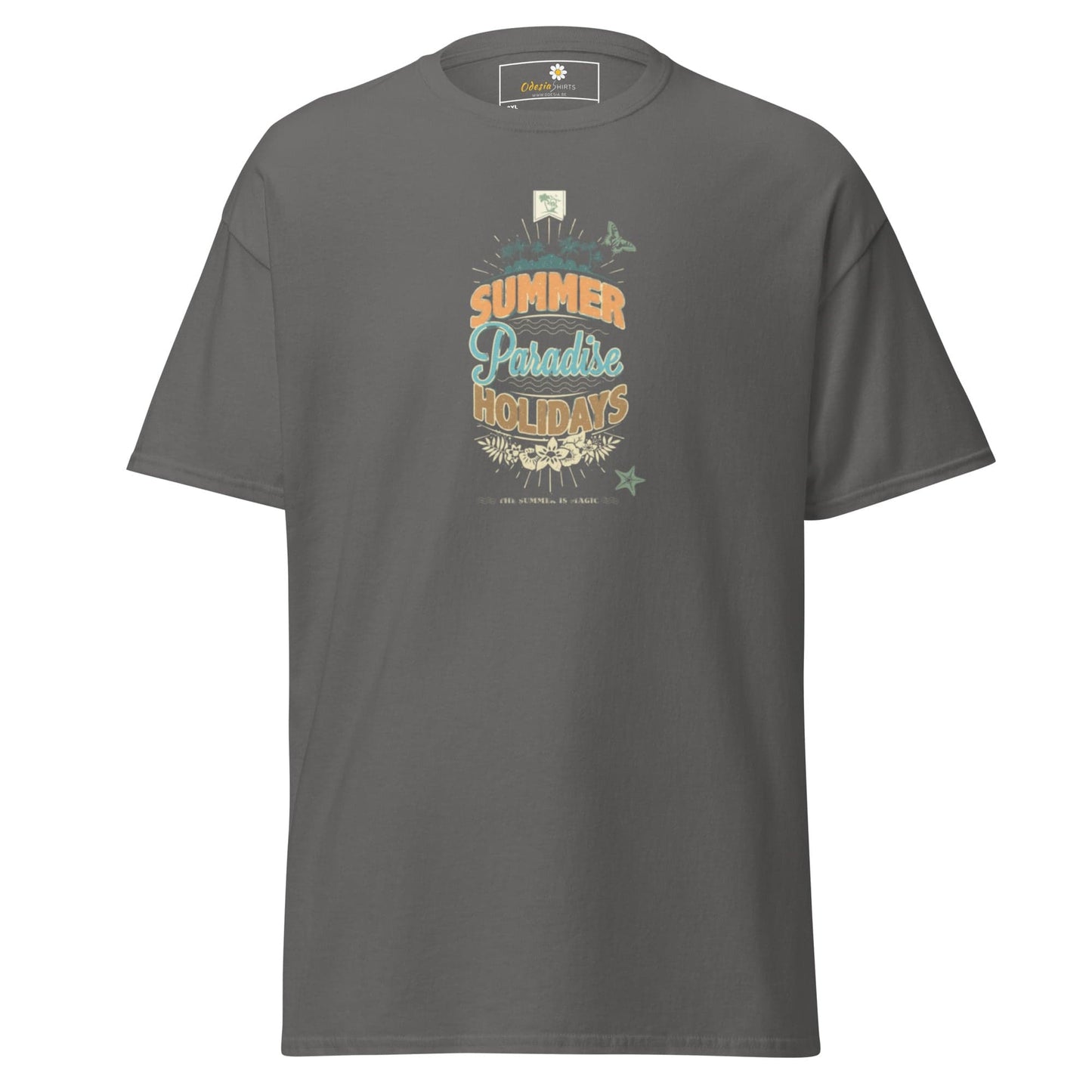Gray t-shirt with summer-themed graphic.