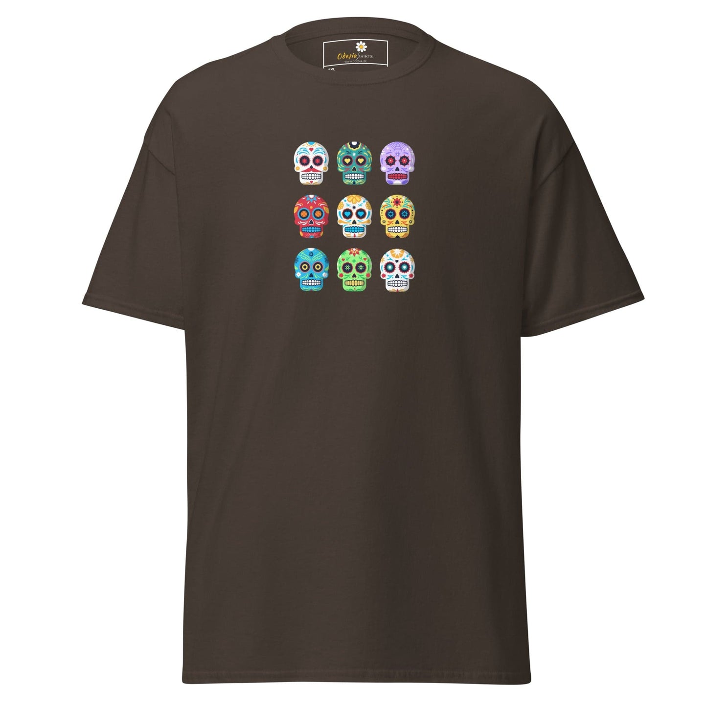 Brown T-shirt with vibrant sugar skull design, suitable for men and women in 2XL to 5XL