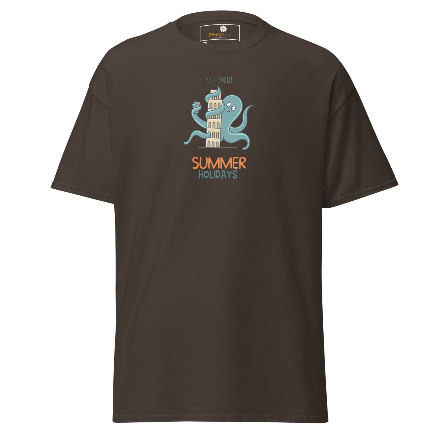 Brown t-shirt with octopus and tower graphic.
