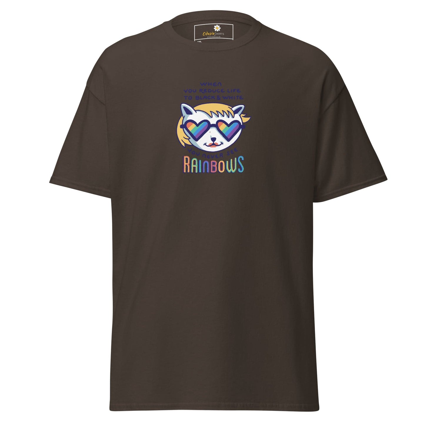Brown T-shirt with rainbow cat graphic for Men and Women in 2XL to 5XL sizes