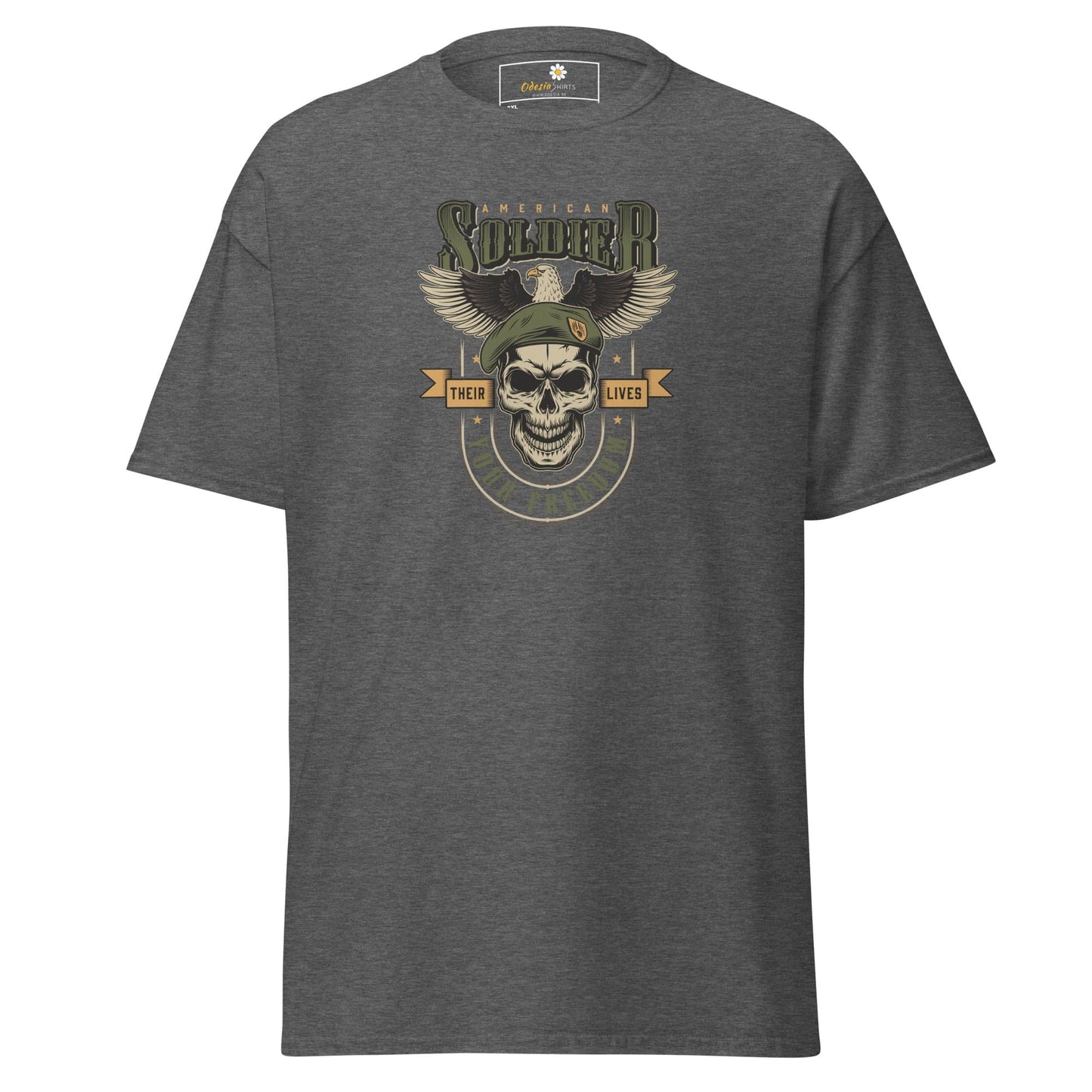 Gray T-shirt with military-themed graphic for Men and Women in sizes 2XL to 5XL