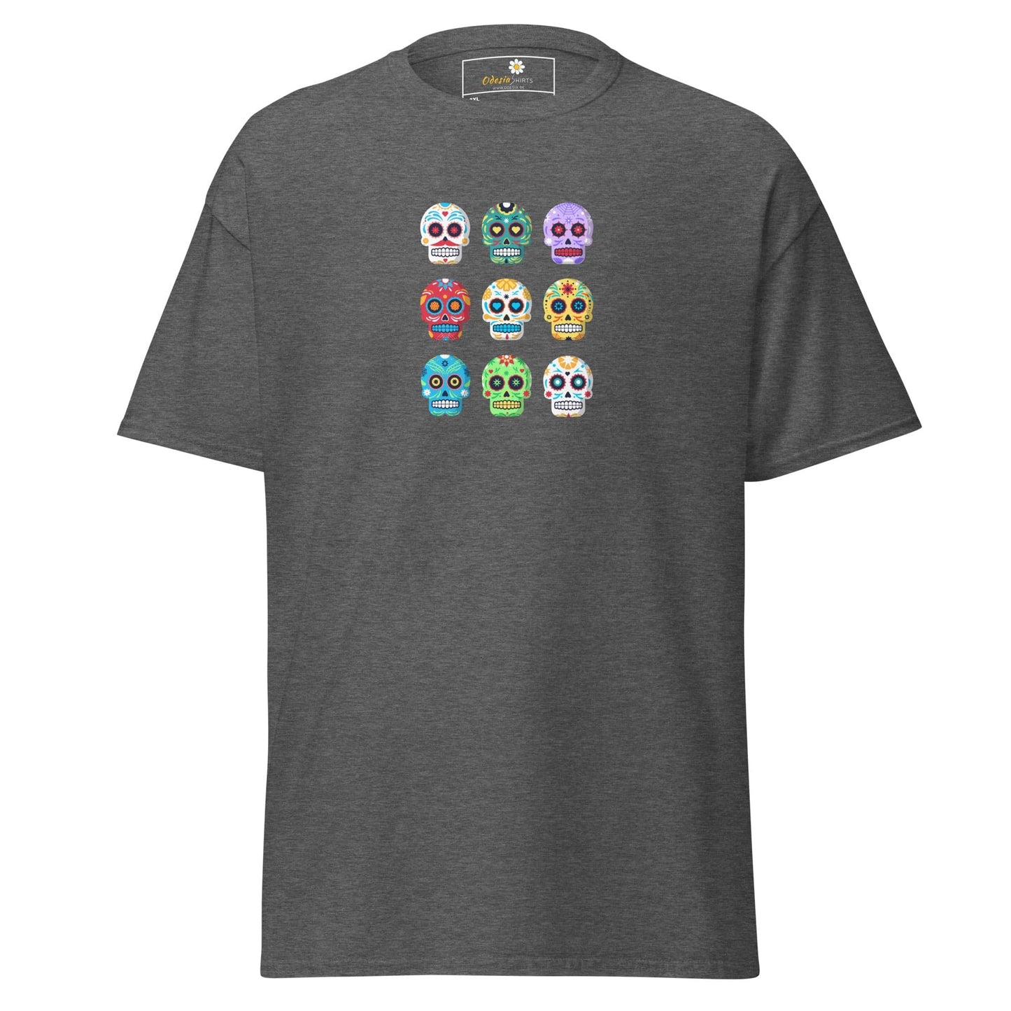 Gray T-shirt with colorful sugar skull design, suitable for men and women in 2XL to 5XL sizes