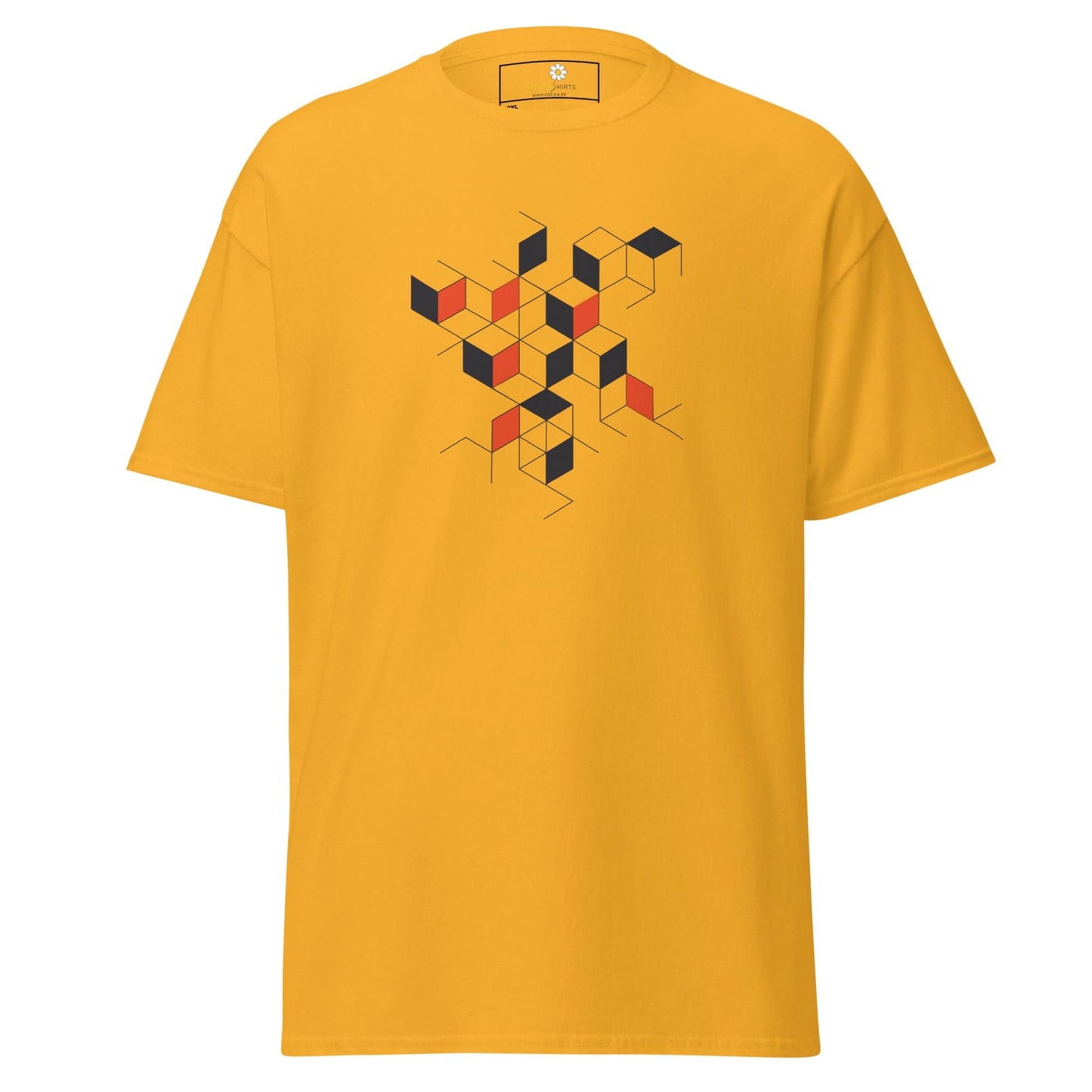 Yellow T-shirt with geometric cube design for Men and Women in sizes 2XL to 5XL