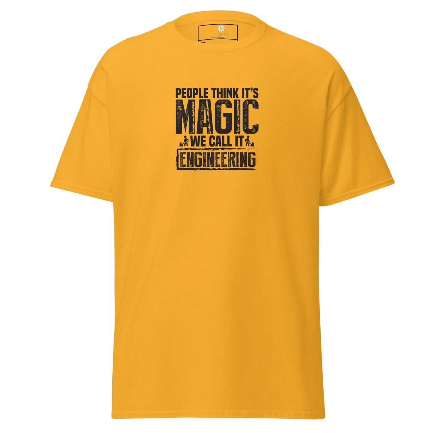 Yellow t-shirt with ’People think it’s magic, we call it engineering’ text.