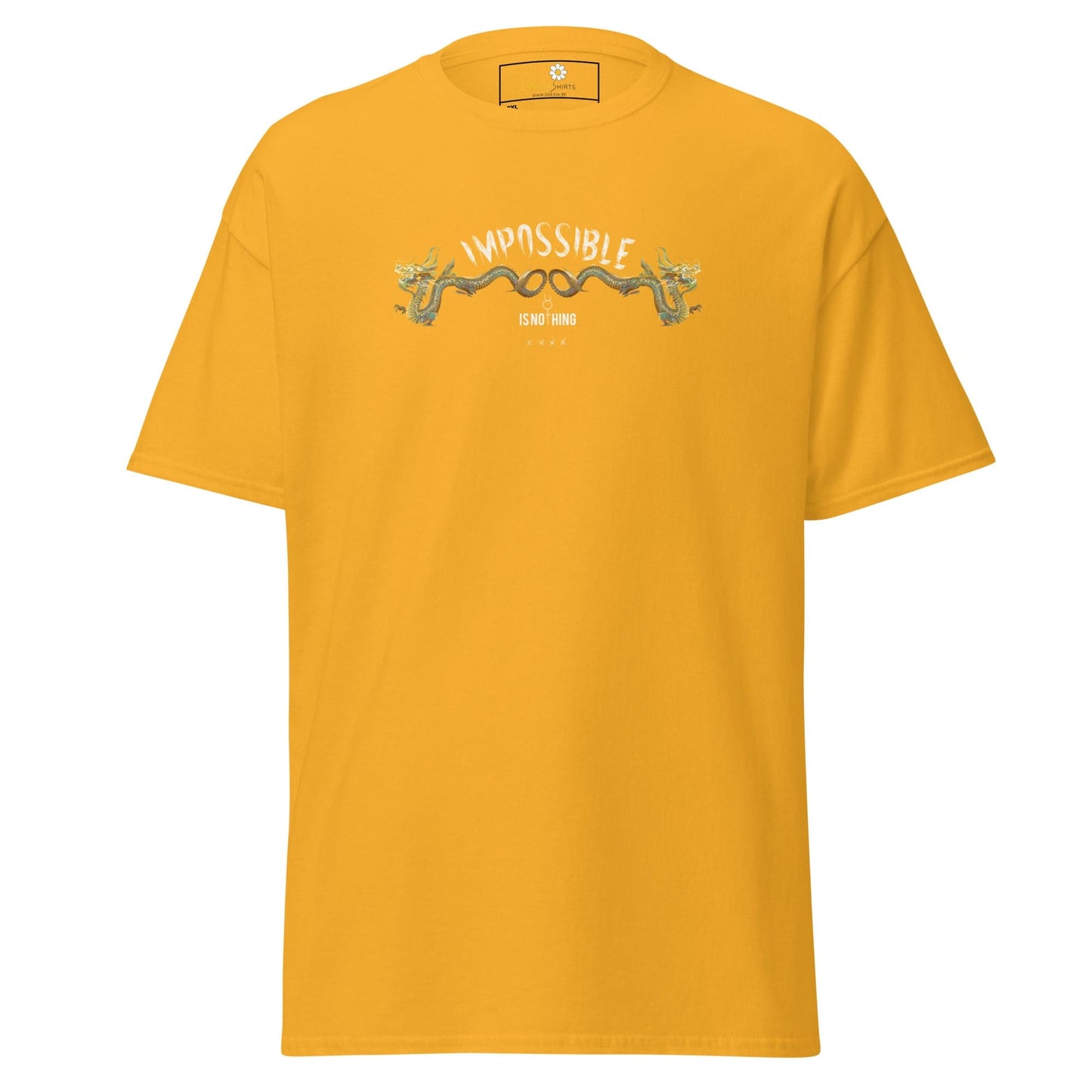 Yellow graphic tee.