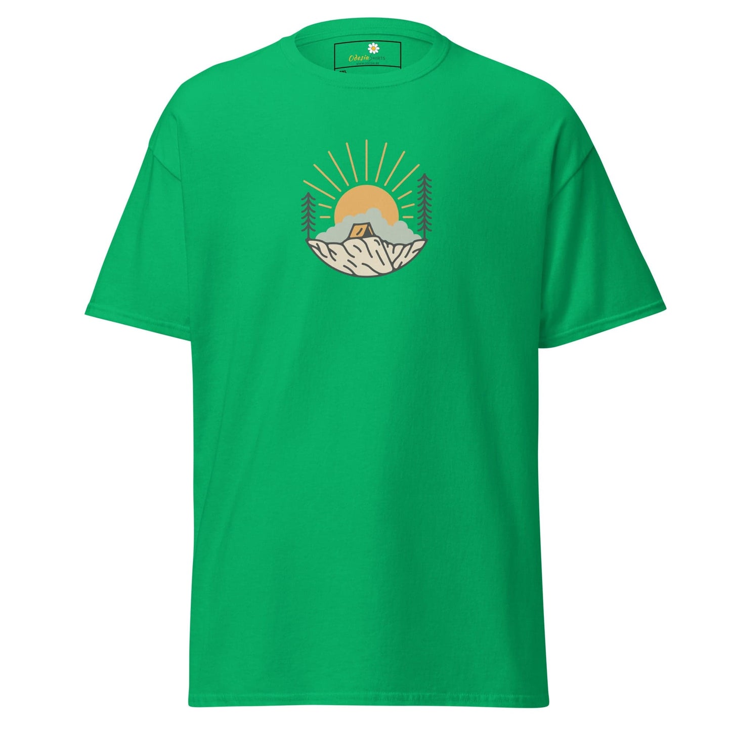 Green t-shirt with camping graphic.