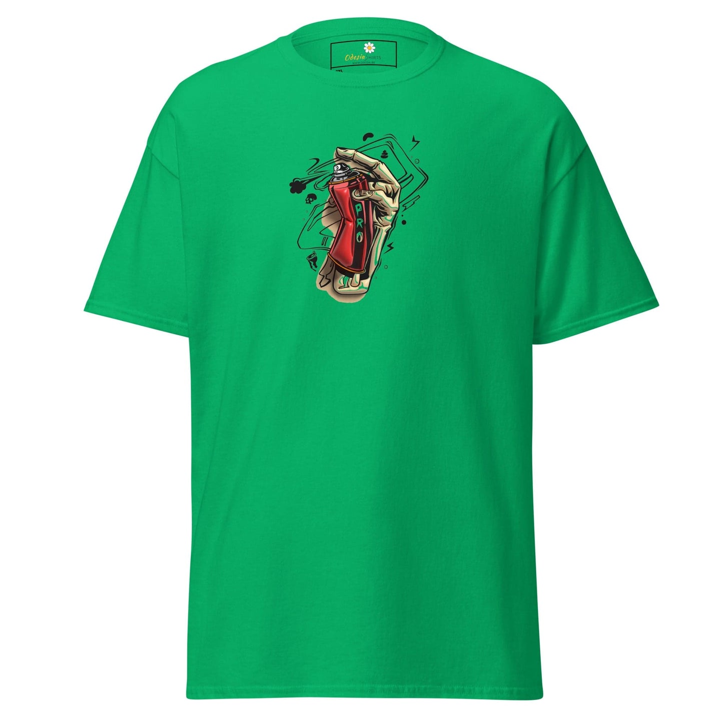 Green graphic tee.