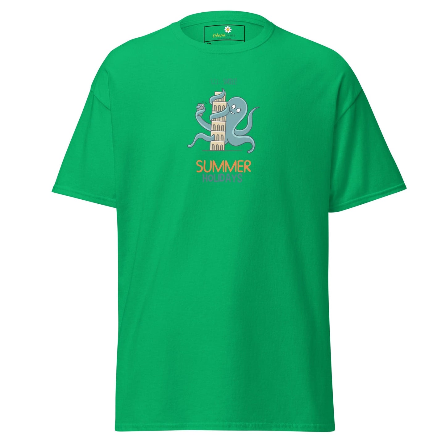 Green t-shirt with octopus and tower graphic.