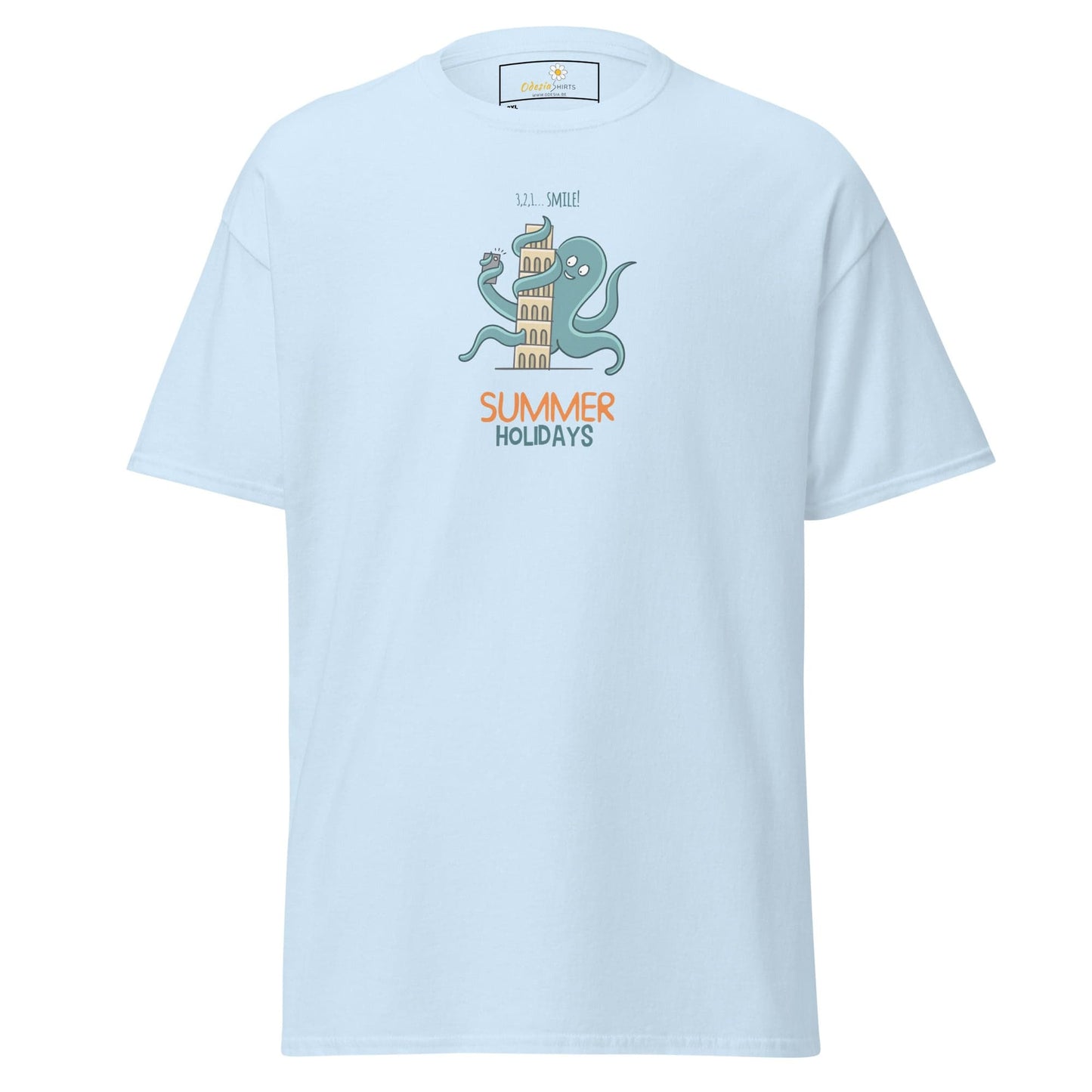 Light blue t-shirt with octopus and tower graphic.