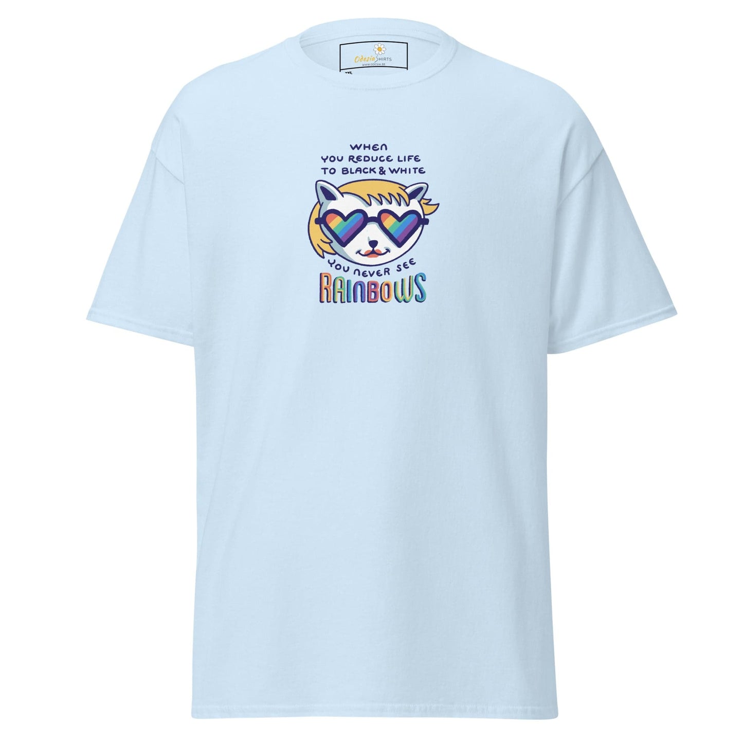 Light blue T-shirt featuring a colorful rainbow graphic for men and women sizes 2XL to 5XL