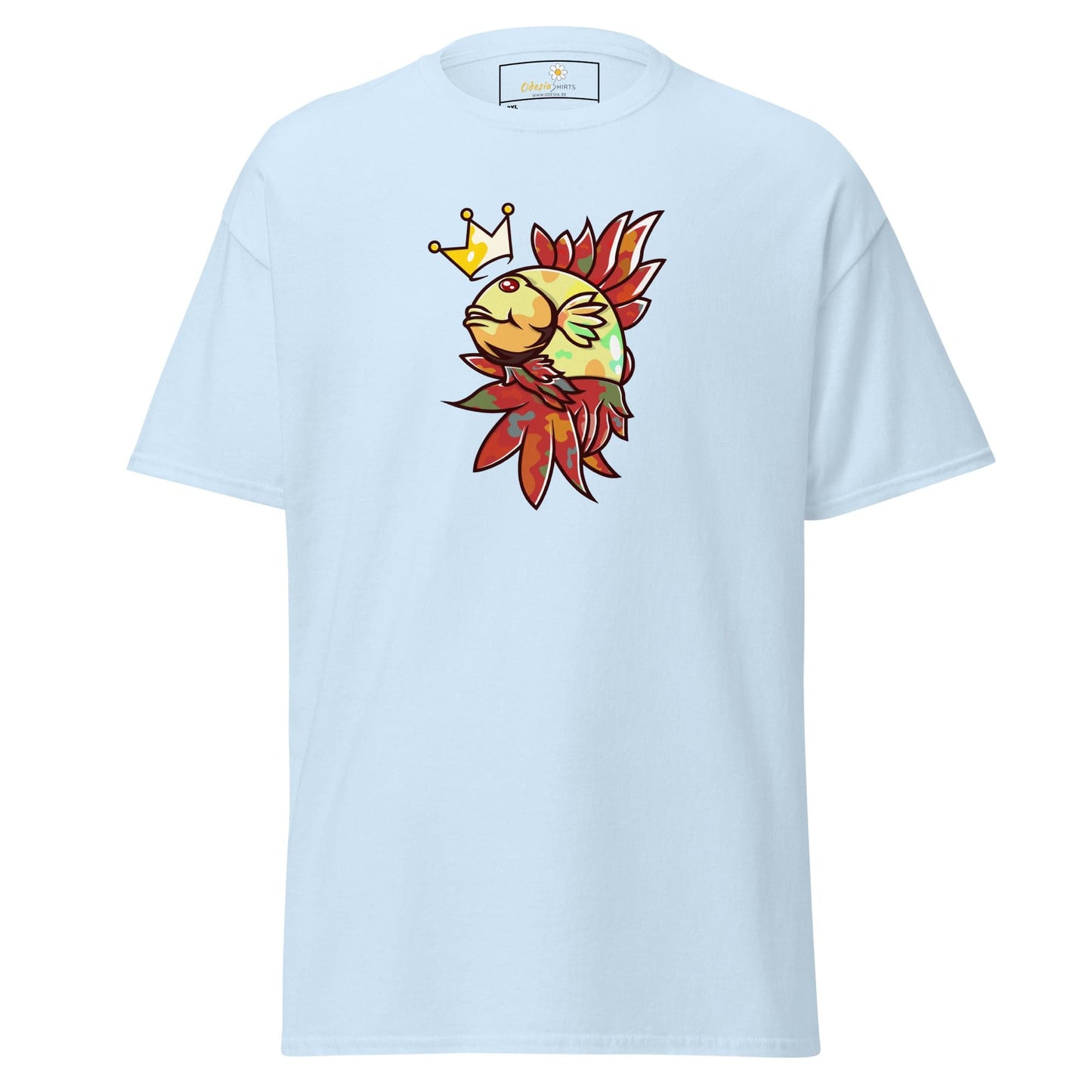 Light blue T-shirt with fish graphic for men and women in 2XL to 5XL sizes