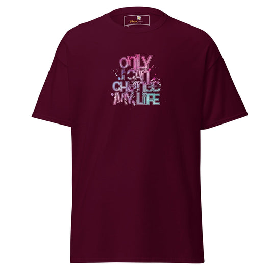 Maroon T-shirt with colorful text design for men and women in sizes 2XL to 5XL