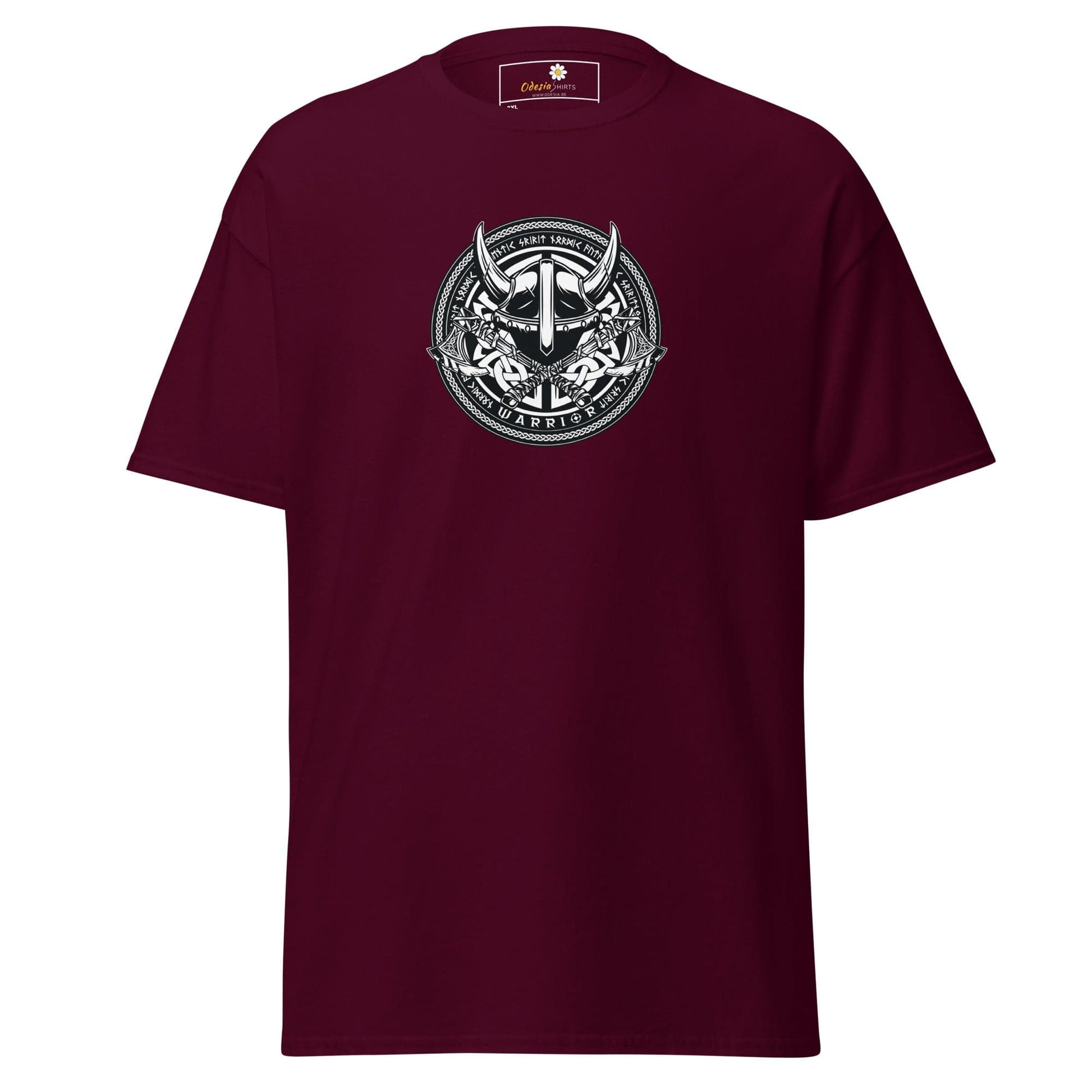 Maroon t-shirt with graphic.