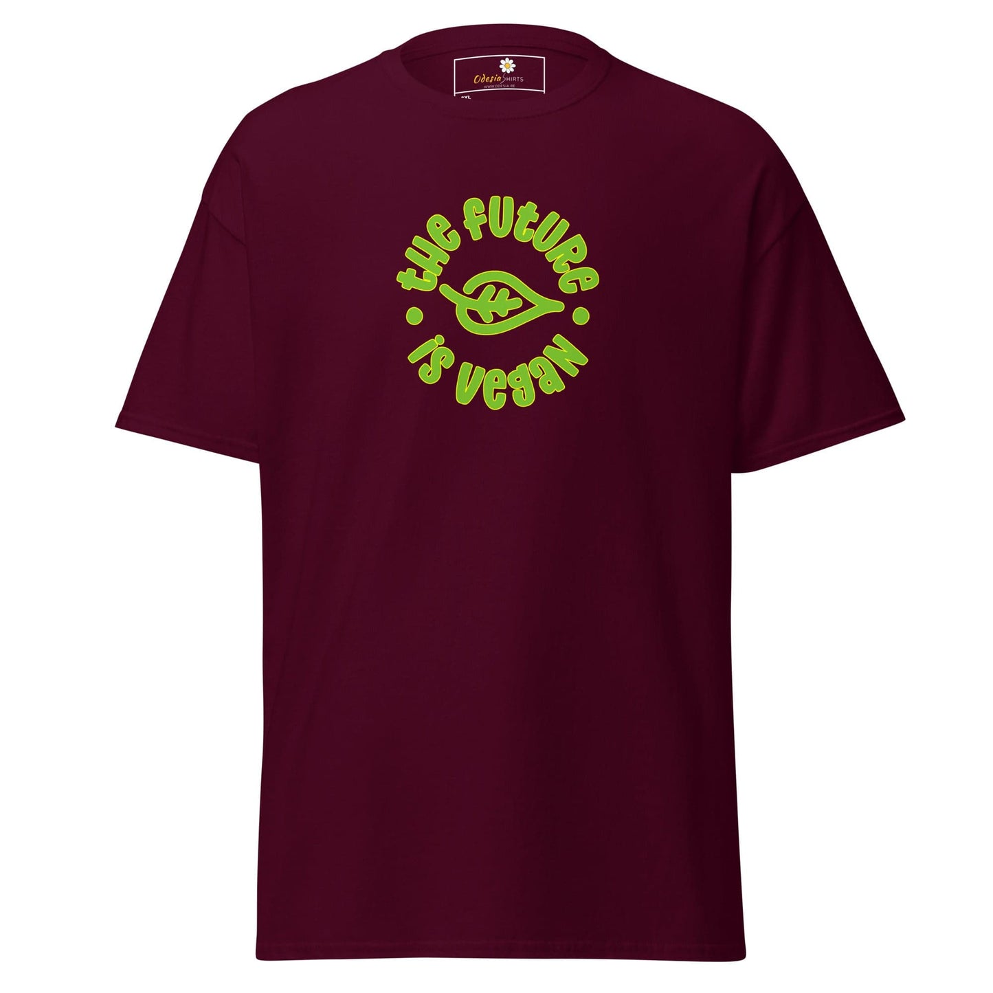 Maroon t-shirt with vegan message.