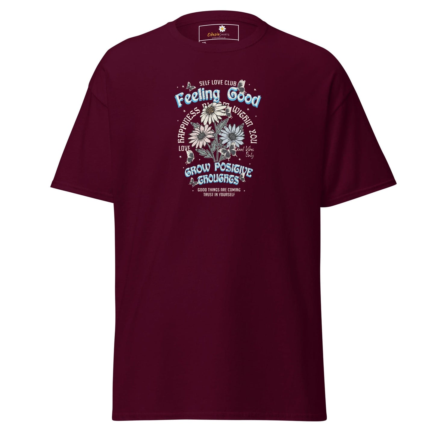 Maroon t-shirt with floral graphic.