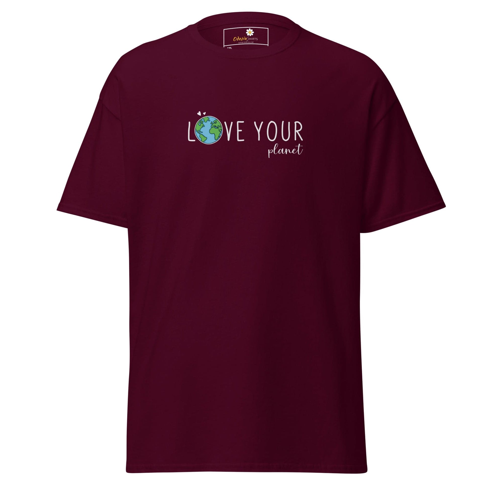Maroon t-shirt with ’Love Your Planet’ graphic.