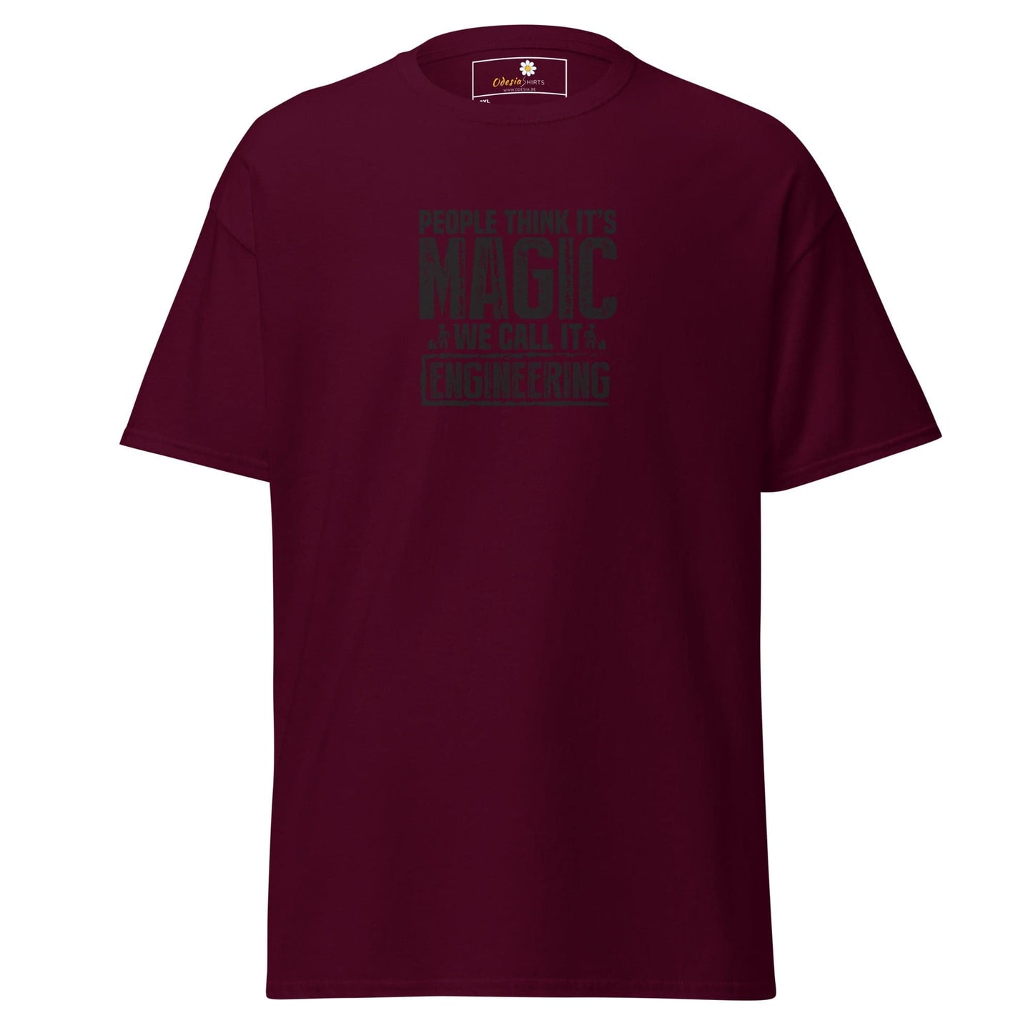 Maroon t-shirt.