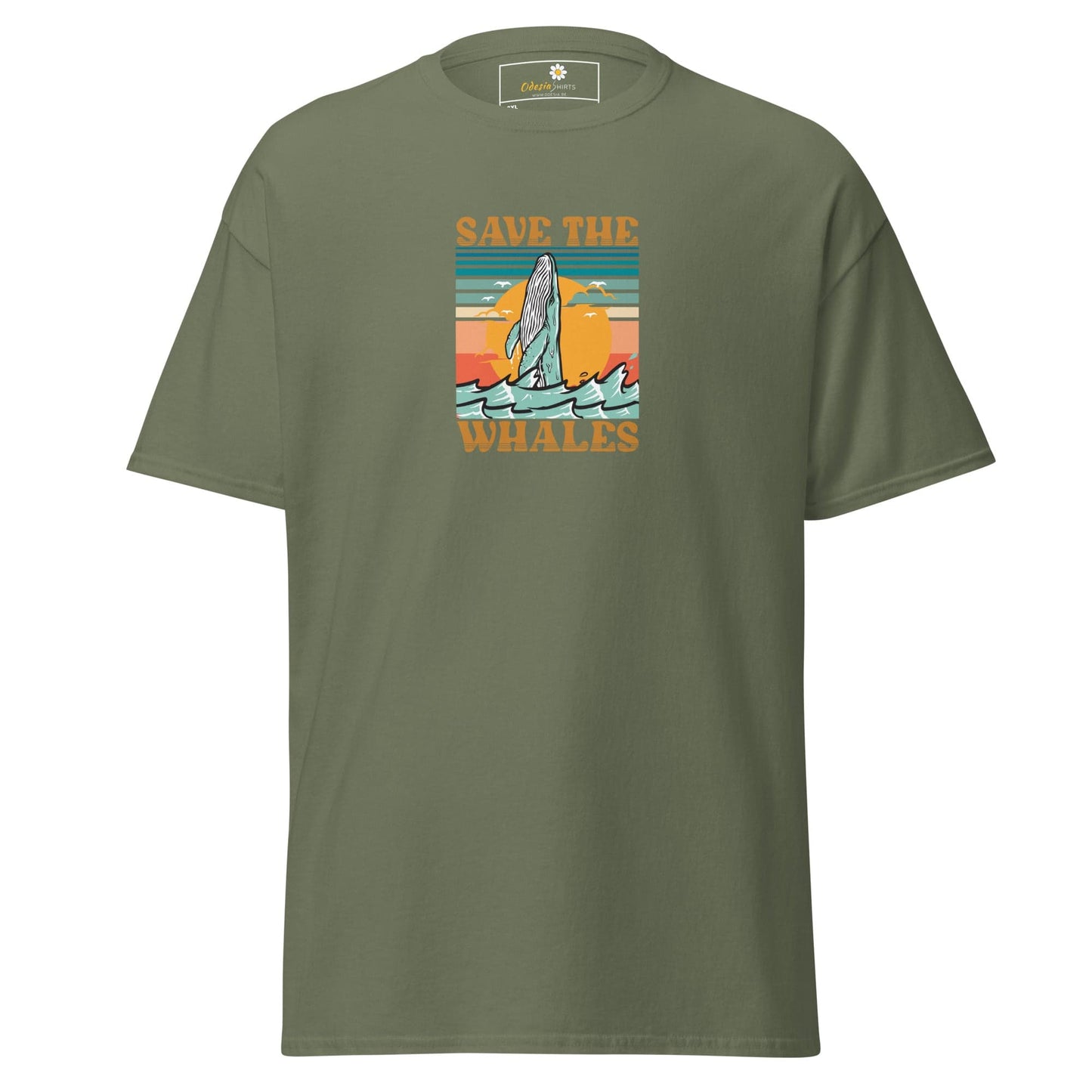 Olive green T-shirt with whale graphic for men and women available in 2XL to 5XL sizes