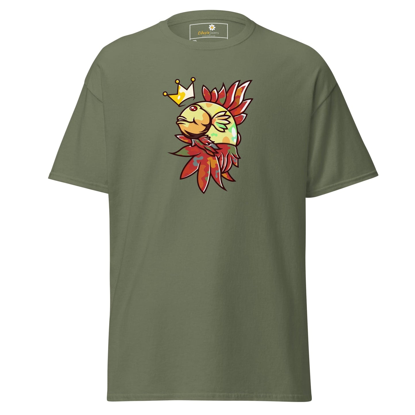 Olive green T-shirt with fish graphic, suitable for men and women, available in 2XL to 5XL