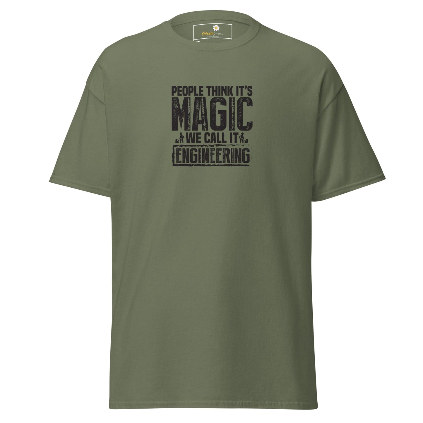 Olive green t-shirt with engineering slogan.