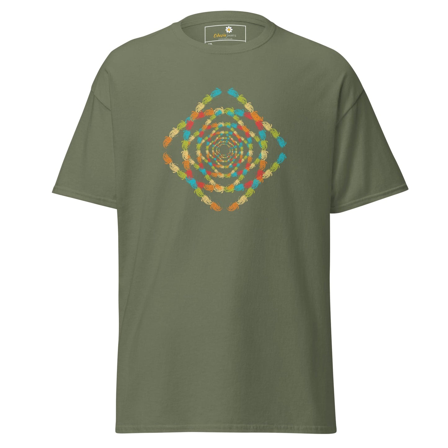 Olive green T-shirt with colorful square pattern for men and women in 2XL to 5XL size