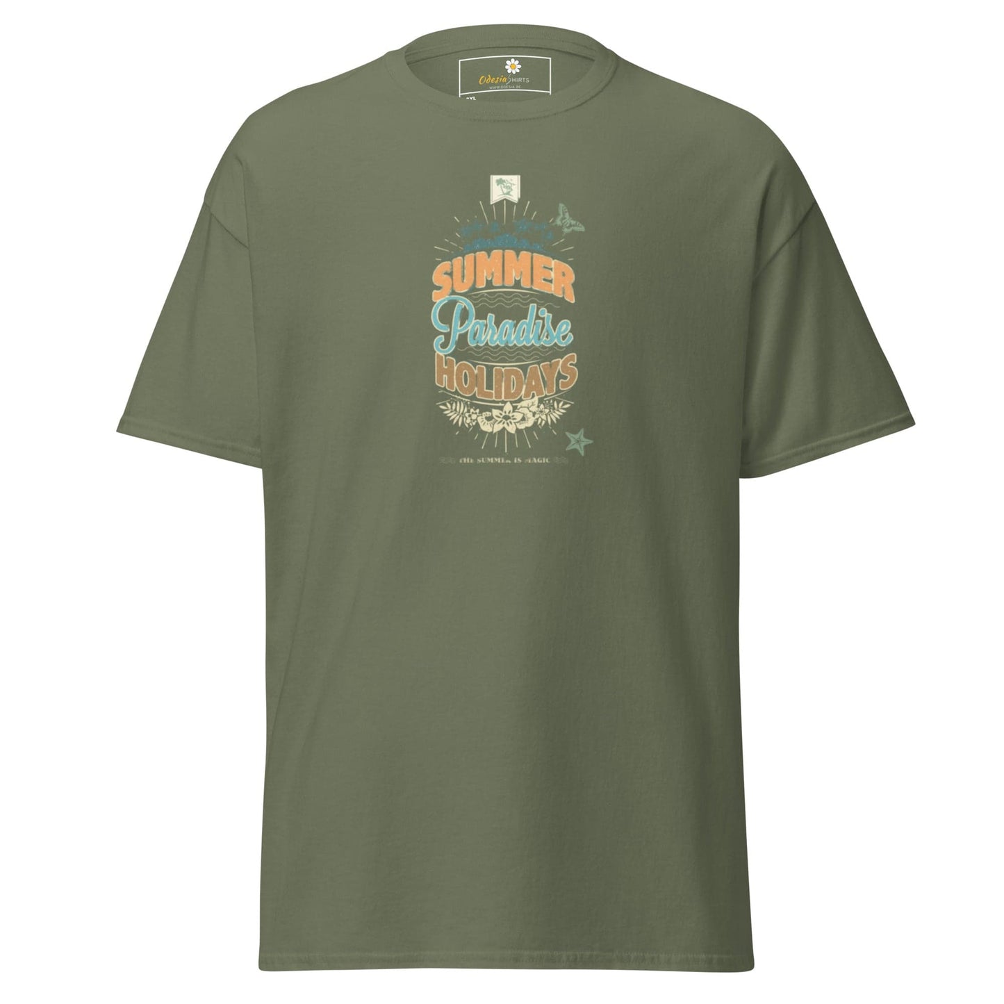 Olive green t-shirt with summer-themed graphic.