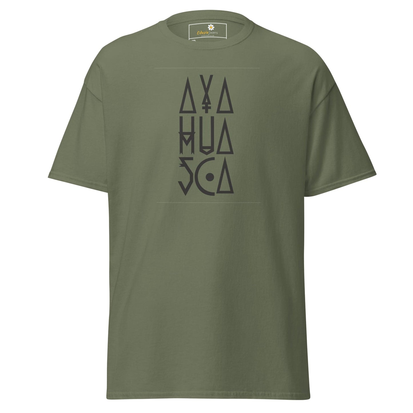 Olive green t-shirt with stylized text.