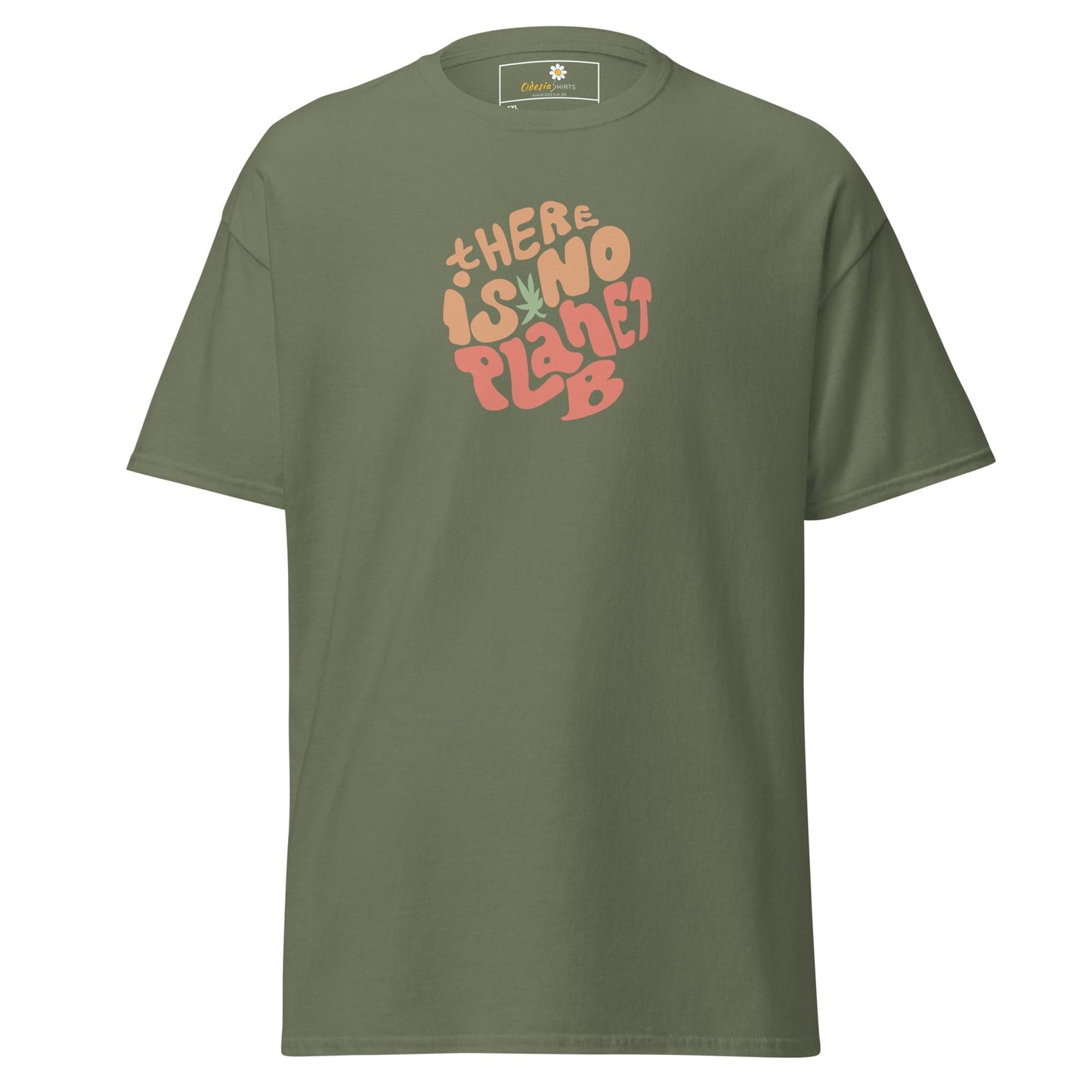 Olive green t-shirt with circular graphic.
