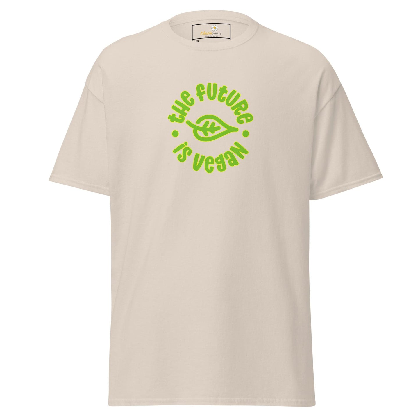 Beige t-shirt with vegan slogan.