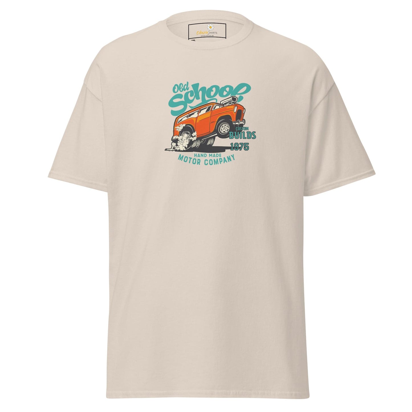 Beige t-shirt with car graphic.