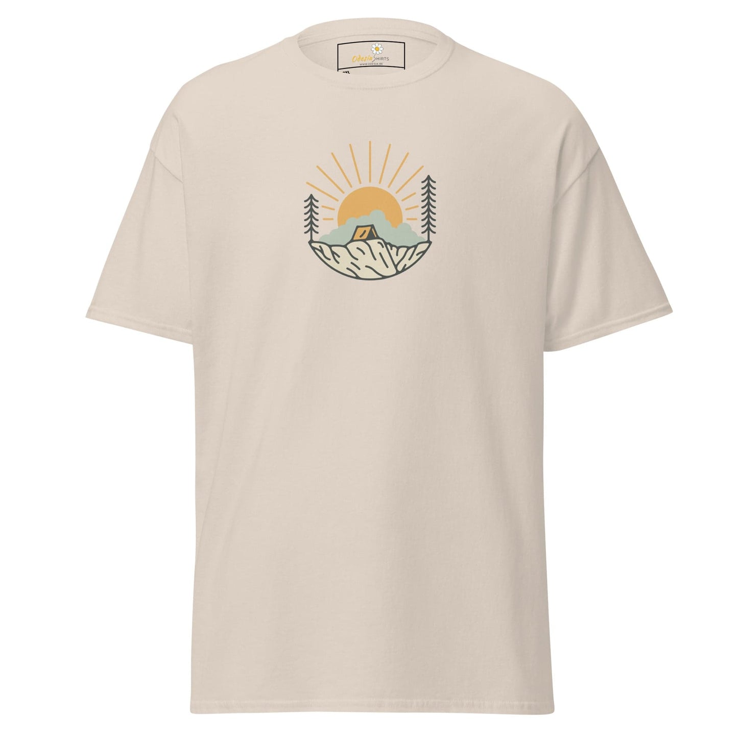 Beige t-shirt with camping graphic.