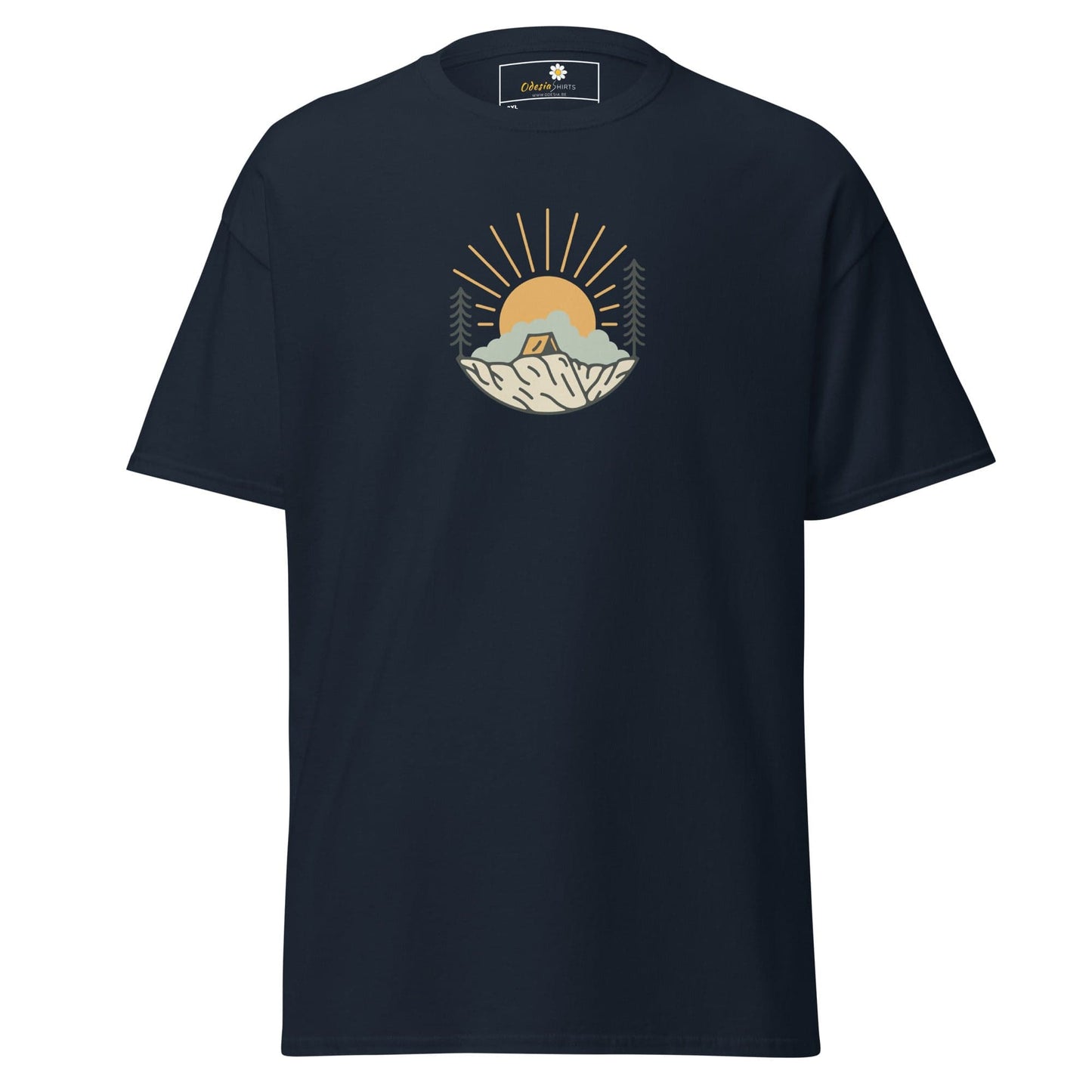 Navy blue t-shirt with camping graphic.