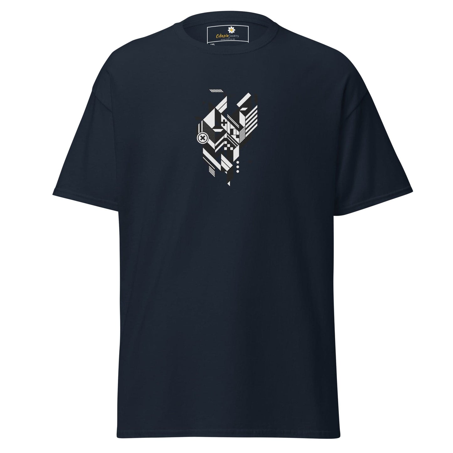 Navy blue t-shirt with geometric design.