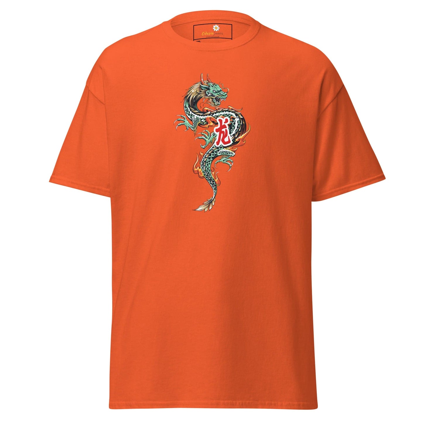 Orange t-shirt with dragon design.