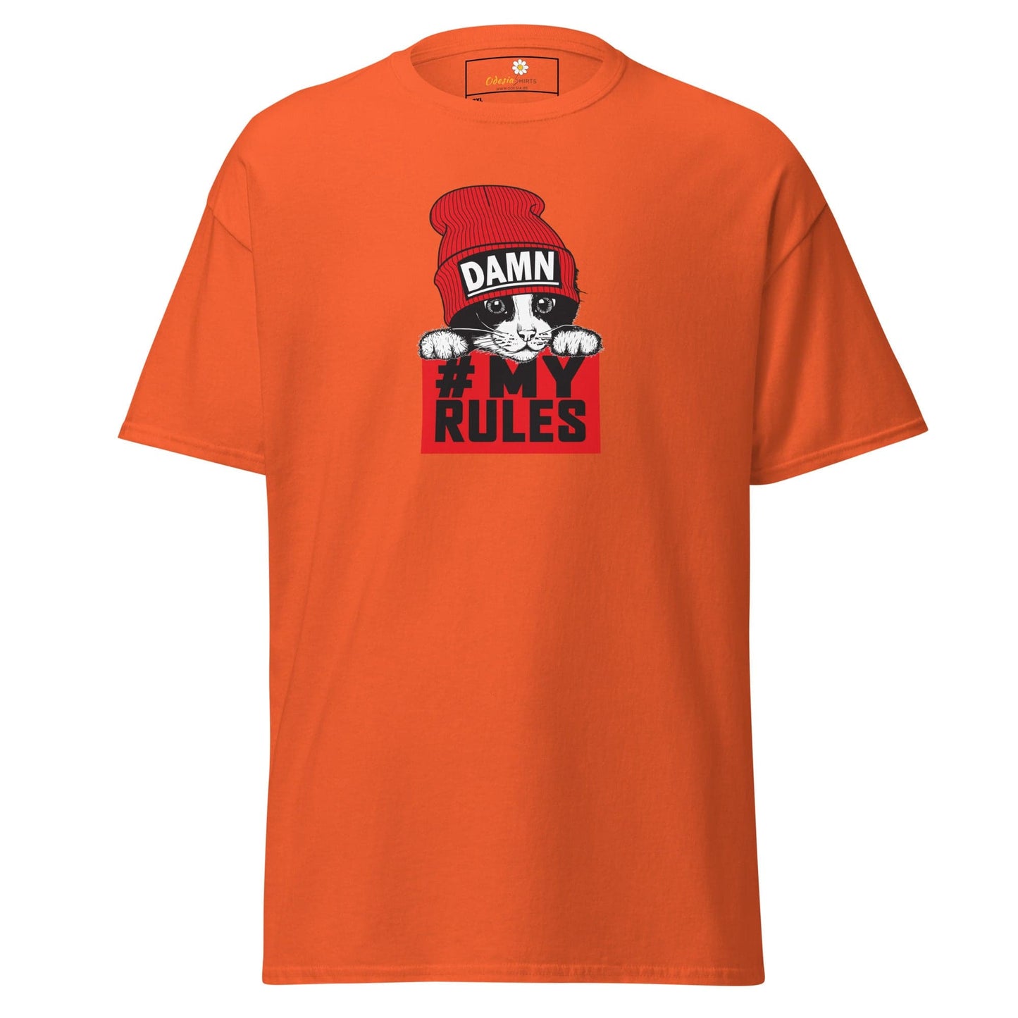 Orange t-shirt with cat graphic.