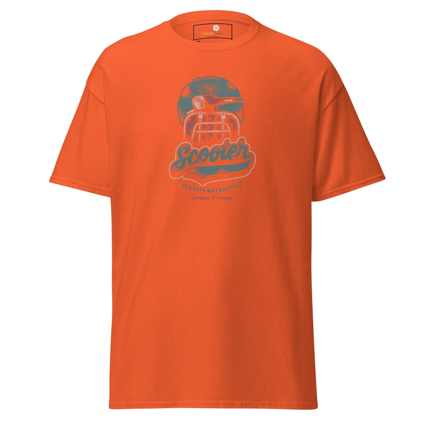 Orange t-shirt with scooter graphic.