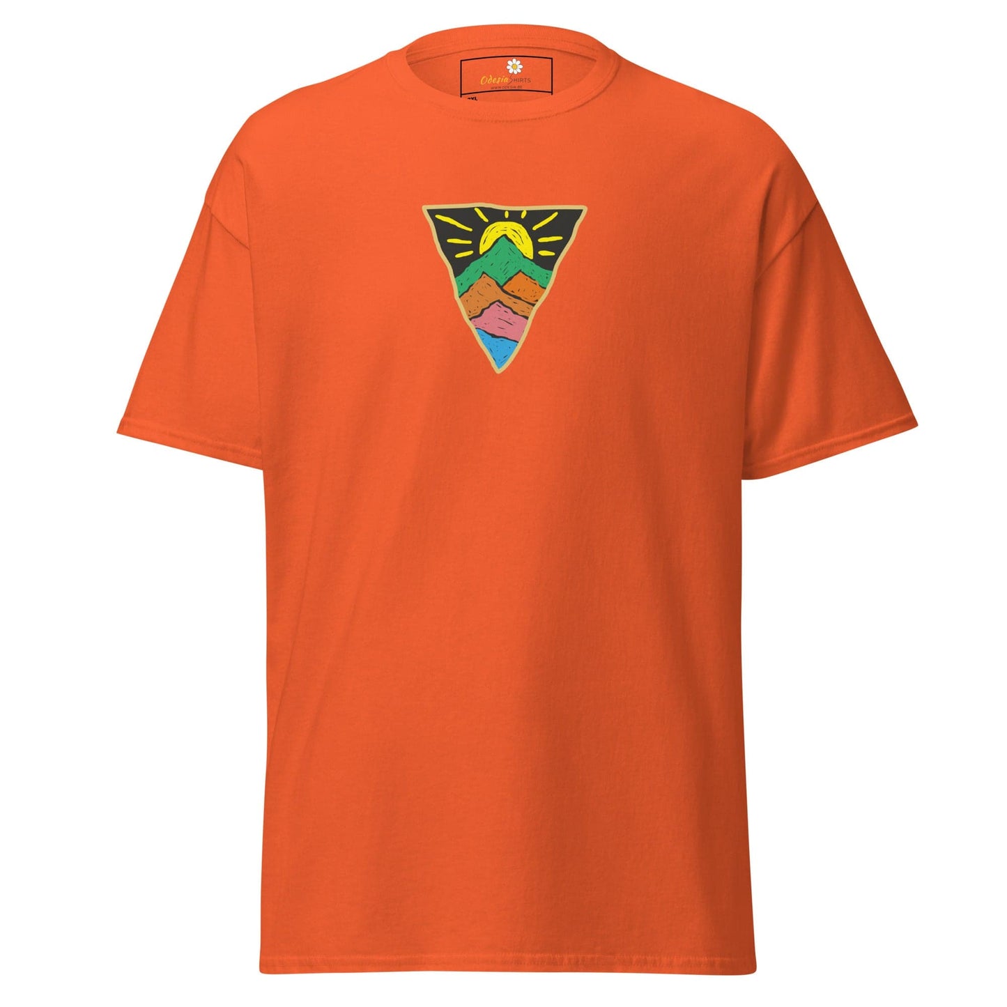 Orange T-shirt featuring mountain graphic, suitable for Men and Women in 2XL to 5XL sizes