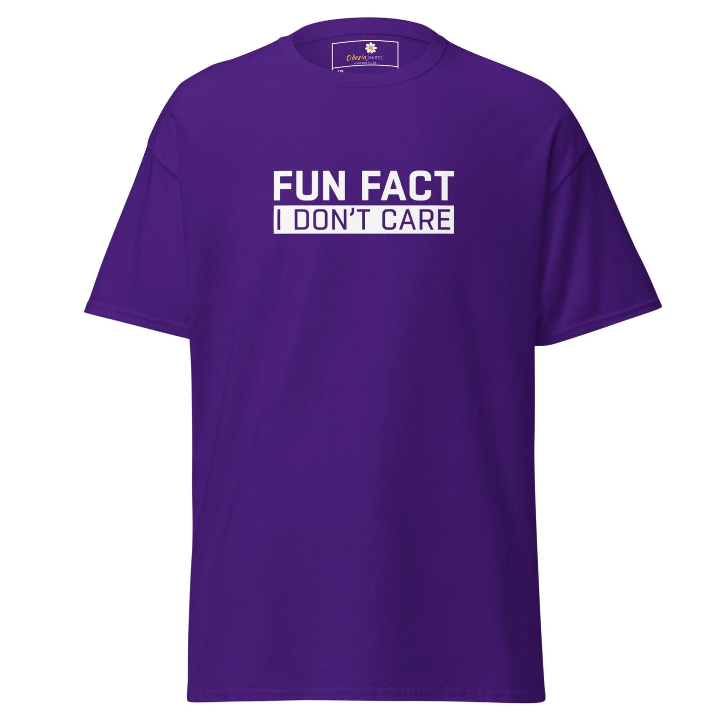 Purple t-shirt with ’FUN FACT I DON’T CARE’ text.