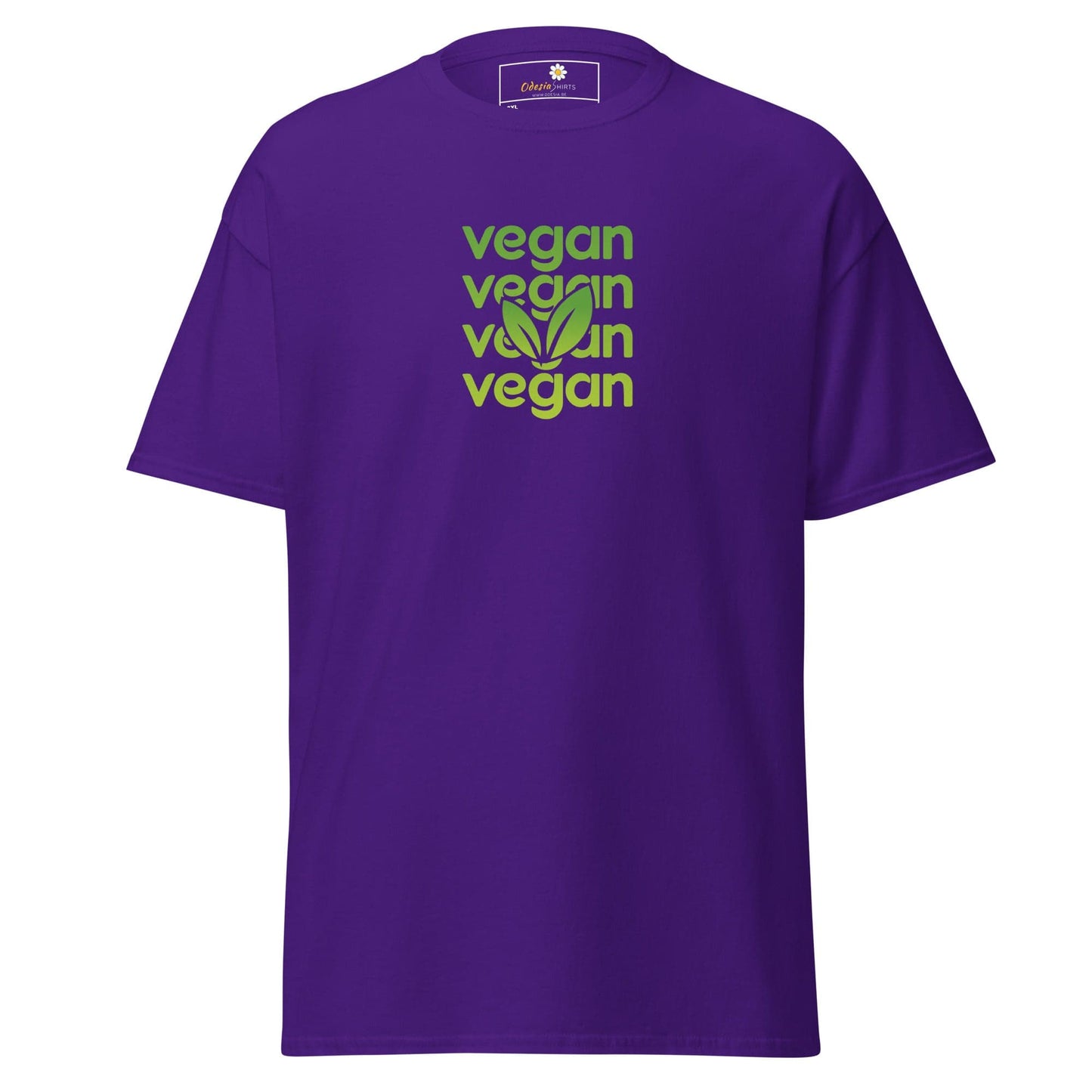 Purple vegan T-shirt with leaf graphic, available in Men and Women sizes 2XL to 5XL
