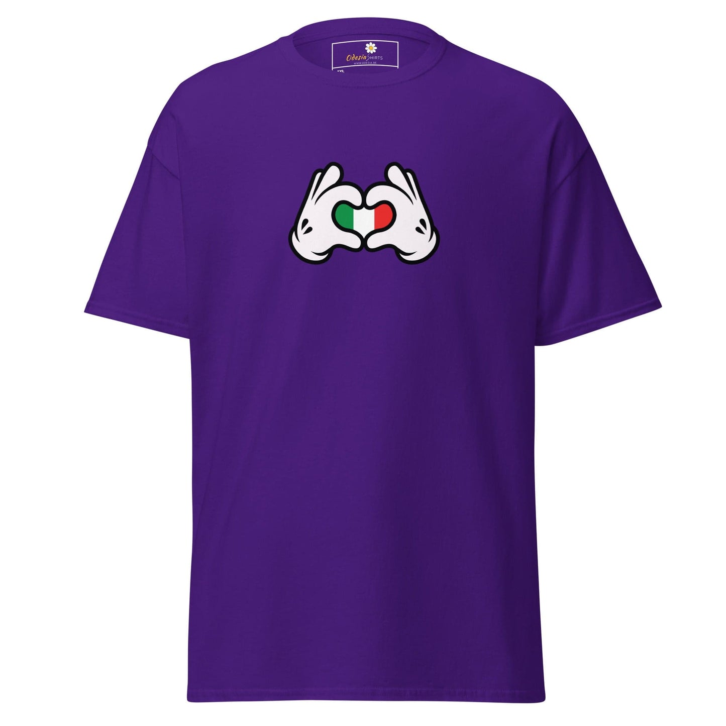 Purple t-shirt with cartoon hands forming a heart with the Italian flag.