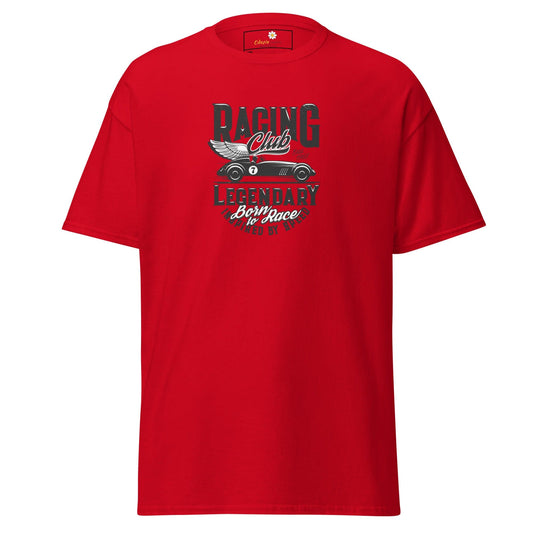 Red t-shirt with racing car graphic.