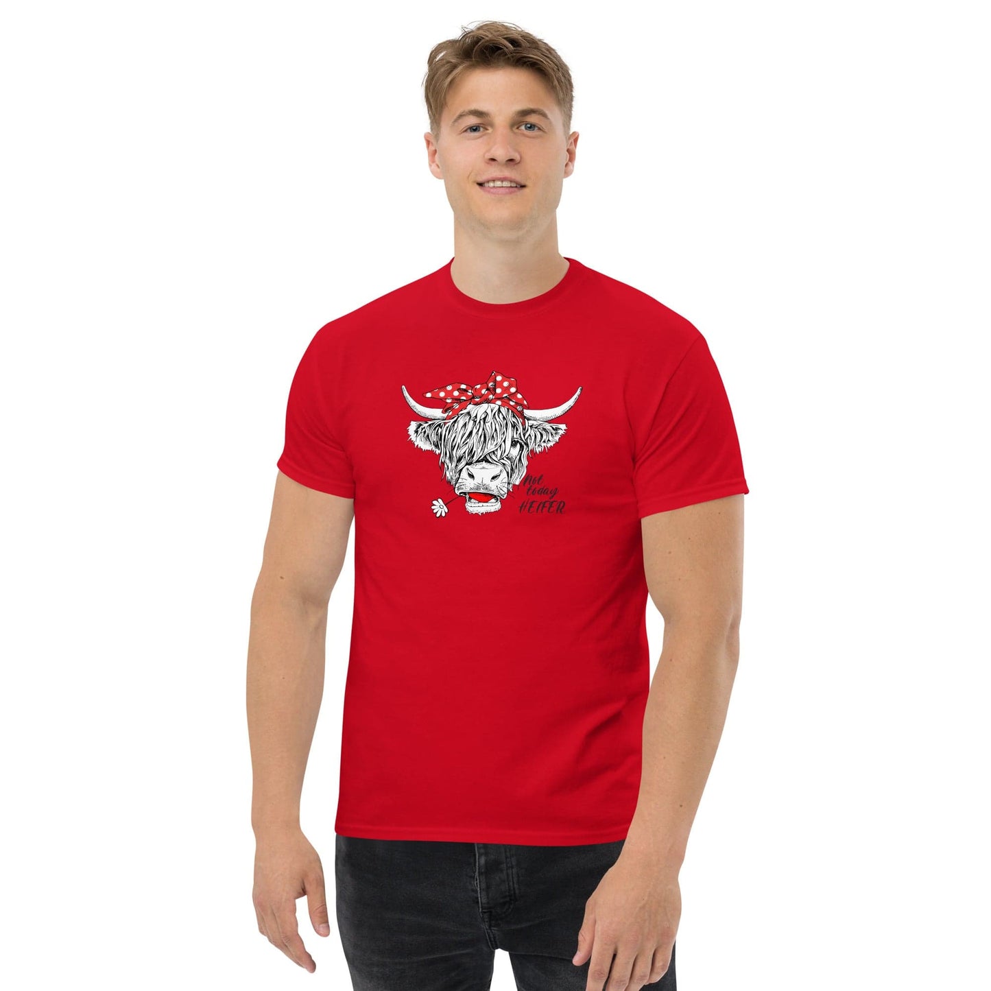 Red t-shirt with cow graphic.