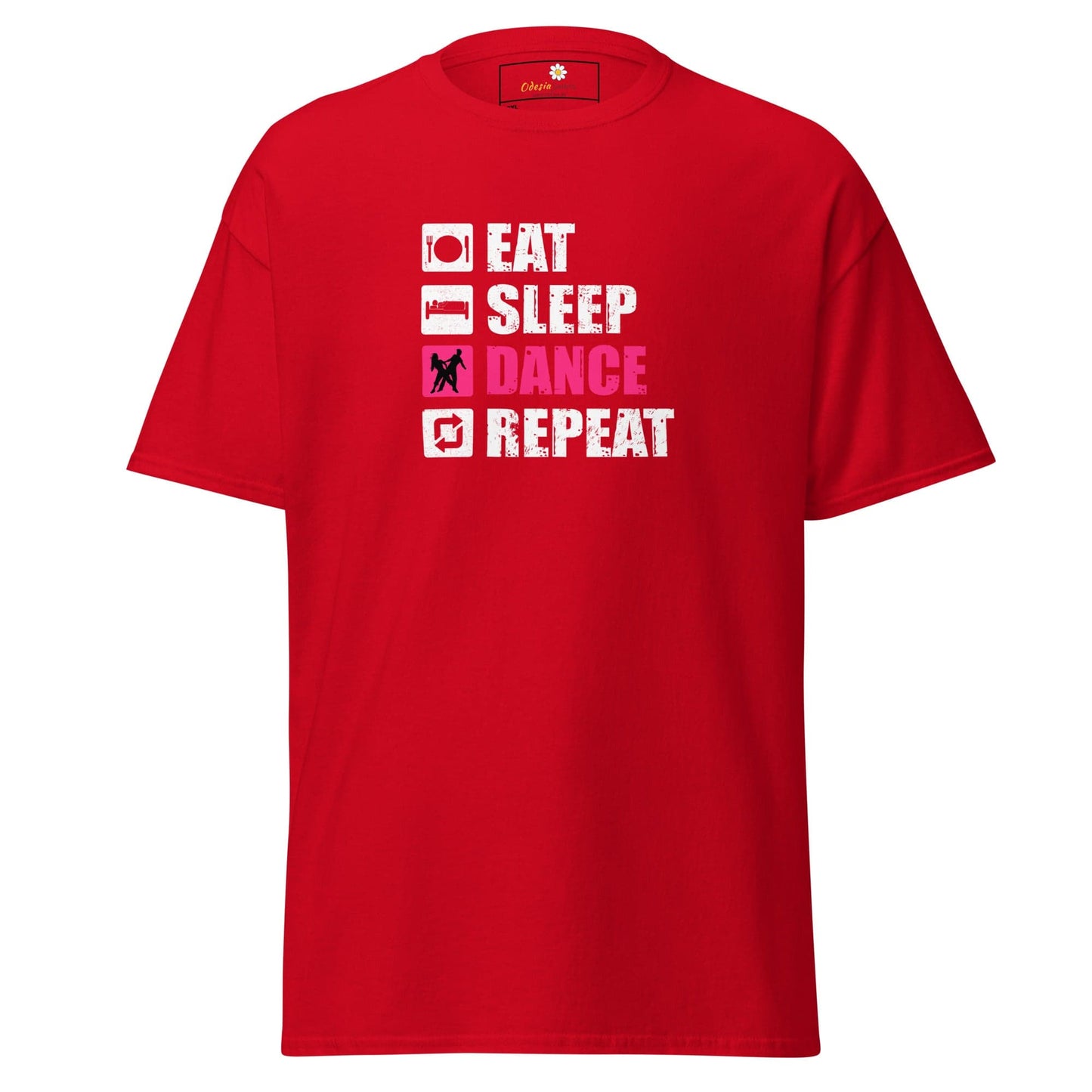 Red t-shirt with ’Eat Sleep Dance Repeat’ text.