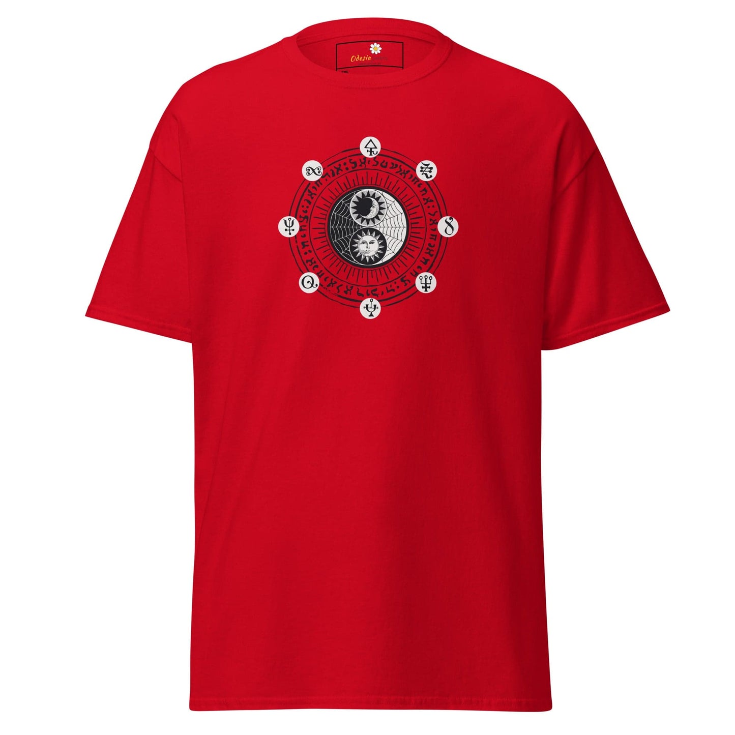 Red t-shirt with yin-yang design.